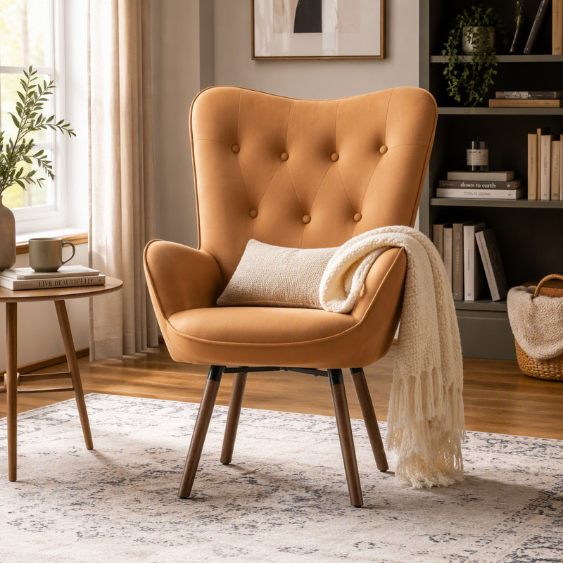 Fauteuil à oreilles Mid-Century moderne en tissu de polyester capitonné avec des pieds évasés en bois massif pour le salon et le bureau personnel