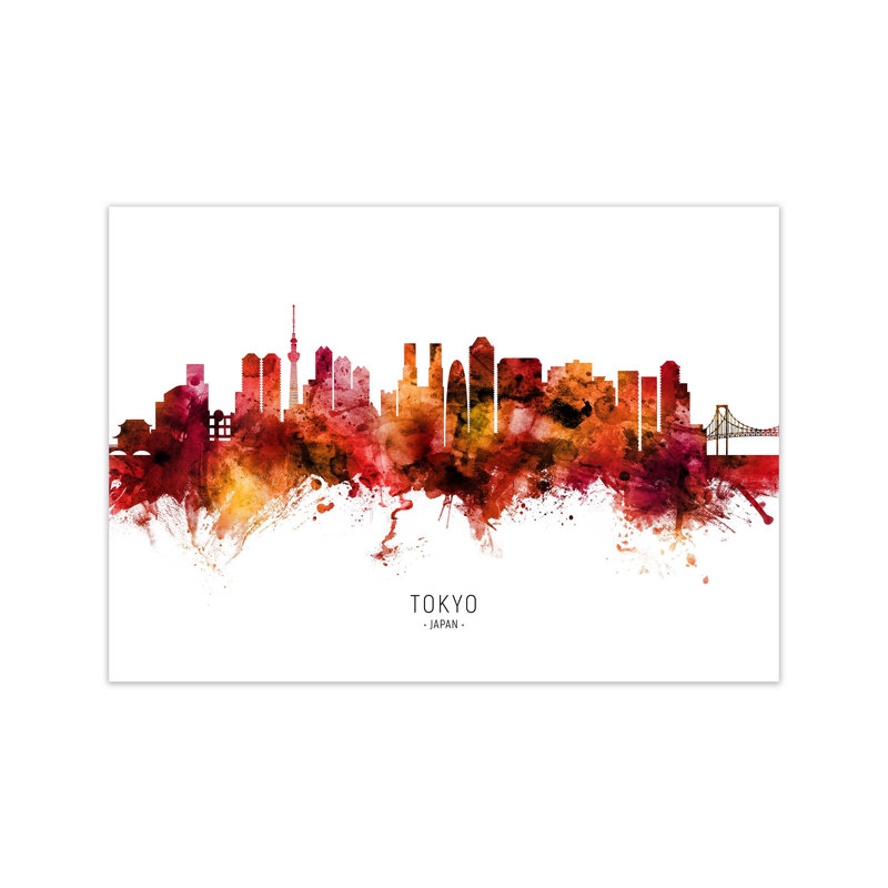 Tokyo Japan Skyline Red City Name by Michael Tompsett - Print, 42cm H x 59cm W x 1cm D, Unframed