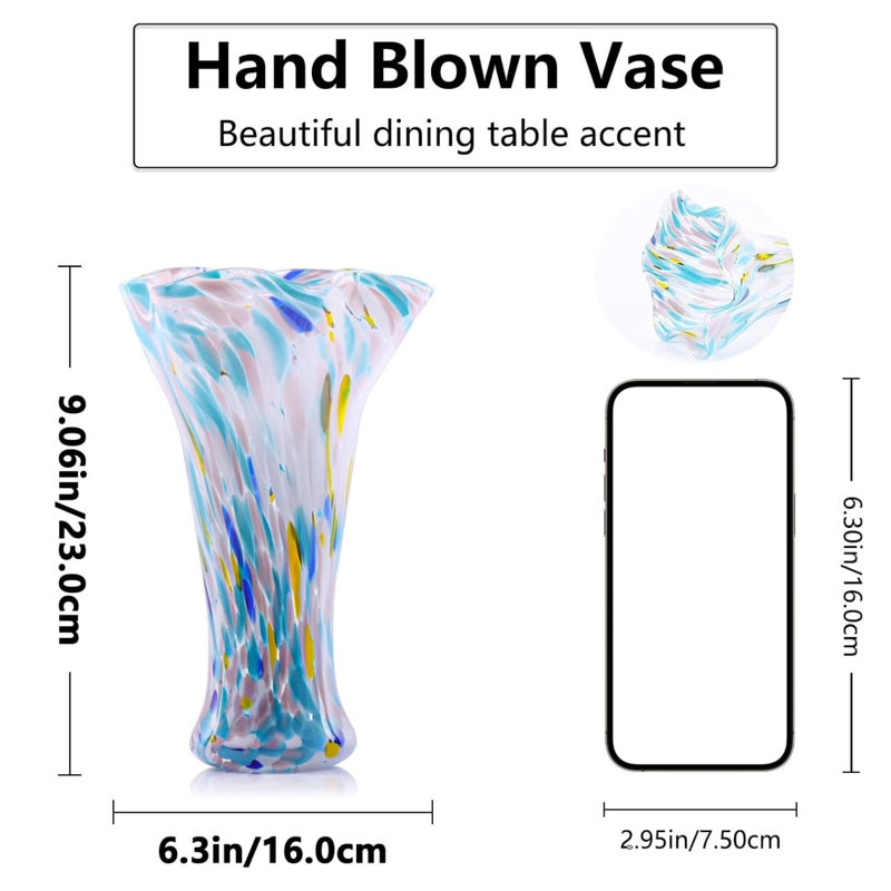 Vase en verre bleu multicolore soufflé à la main, vase à fleur large de 9 pouces