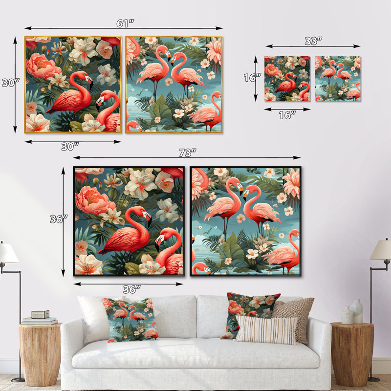 Flamant rose botanique Bliss, H 36 po x l 73 po, Cadre flottant doré