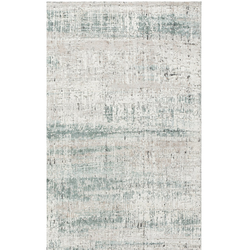 Tapis gris / vert tissé à la main en viscose / coton / laine sans motif Bedford 201, Rectangle 9 pi x 12 pi