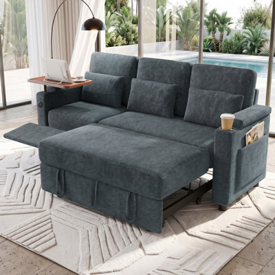 Aufak 83" Chenille 3-Seat Convertible Sofa Bed with Power Recliner, USB Charging Ports, Side Tray, Cup Holder & Storage, Blue