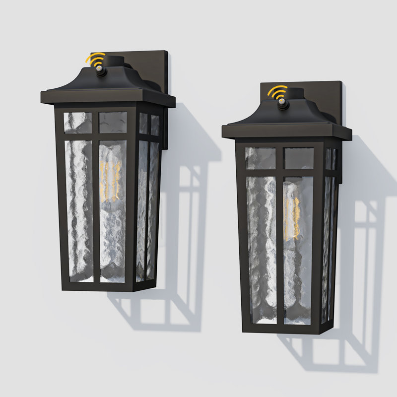 Black 14''H Dusk to Dawn 1-Light Outdoor Wall Lantern with Water Glass Shade Waterproof