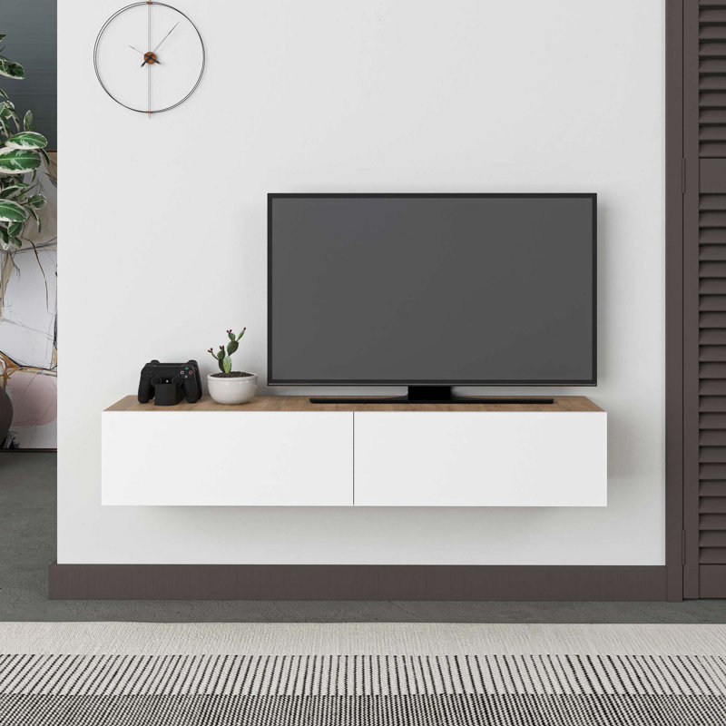 Meuble télé moderne en chêne saphir et blanc, 53,1 po x 9,8 po x 12,5 po | 100% panneau de particules enduit de mélamine, épaisseur: 0,7 pouce | Durable avec une capacité de 44 lb | Design élégant et fonctionnel pour le salon et les espaces de divertissement