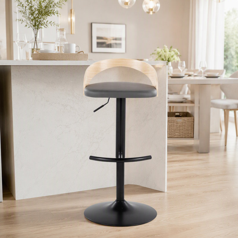 Tabouret réglable avec pivot en métal, similicuir avec repose-pieds arrondi en T, Siège gris / cadre naturel / noir, 3