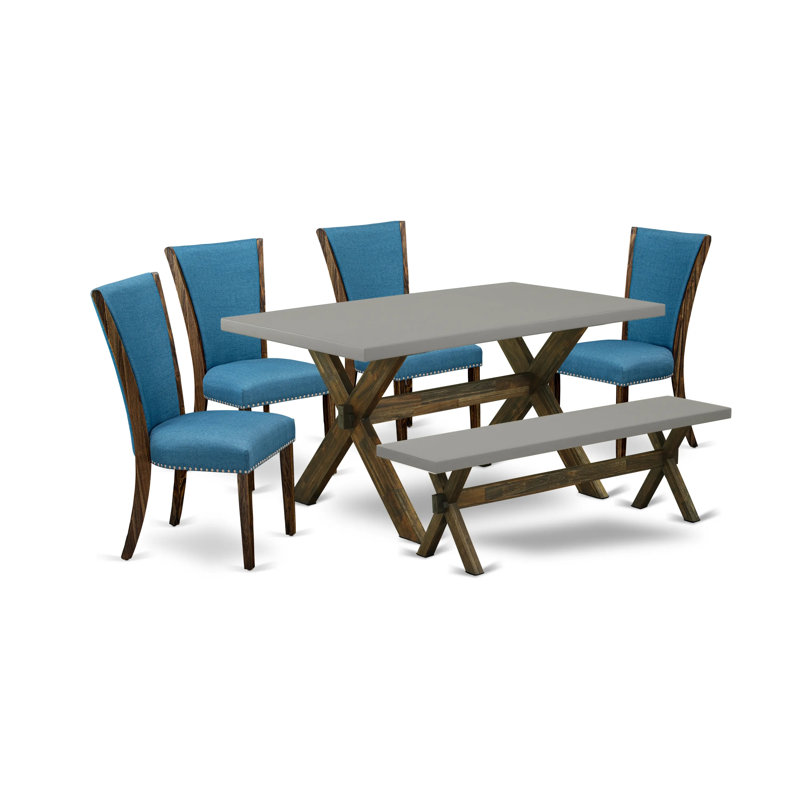6 Piece Dining Table Set Contains a Rectangle Kitchen Table with X-Legs and 4 Blue Color Linen Fabric Parson Chairs with a Bench, Distressed Jacobean Finish