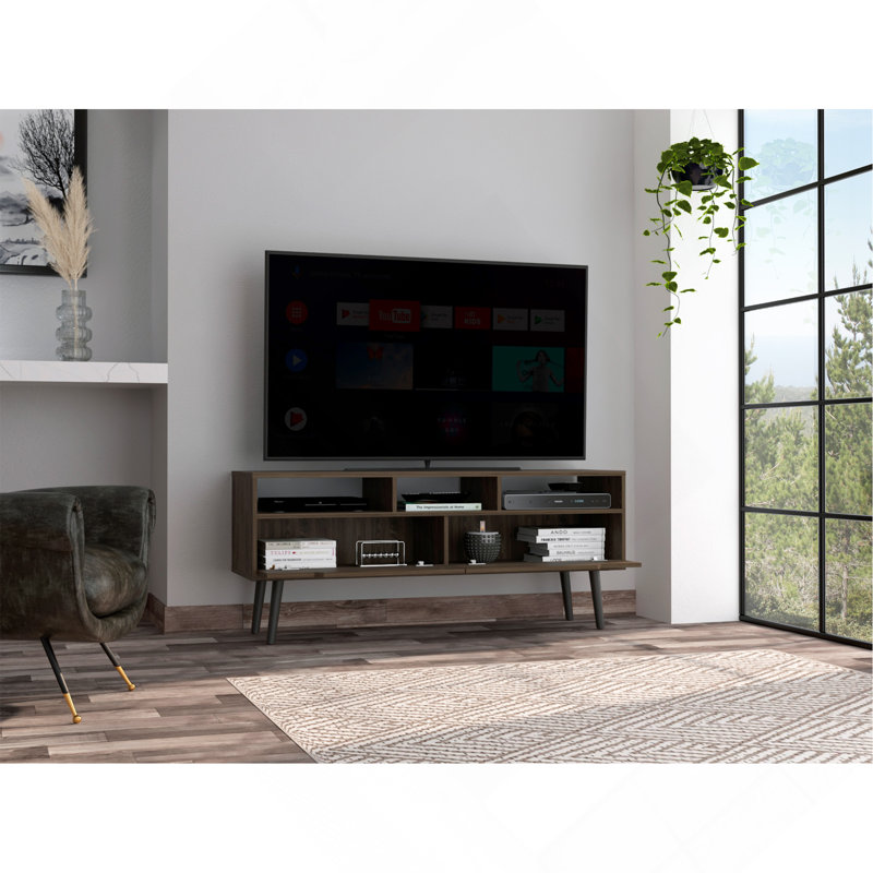 Nouveau meuble télé 2 tiroirs à 3 tablettes en noyer foncé, parfait pour le divertissement organisé et l'esthétique moderne.