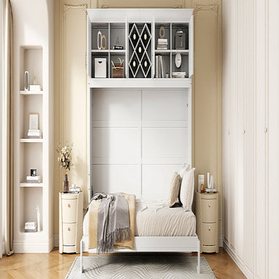 Grand lit escamotable mural avec armoires supérieures et porte-bouteilles, blanc