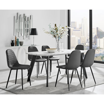 Anders Modern High Gloss Marble Effect Dining Table Set with 6 Luxury Faux Leather Dining Chairs