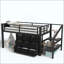 Lit mezzanine bas avec plusieurs espaces de rangement, y compris des tiroirs en tissu, des tablettes en tissu à côté du lit, des escaliers de rangement, un lit mezzanine en métal avec lumières et de grands espaces sous le lit-1020353451