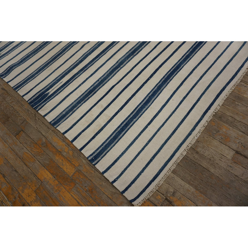 Blue and White Antique Allover Geometric Stripes Cotton Flat Weave Indian Dhurrie Rug