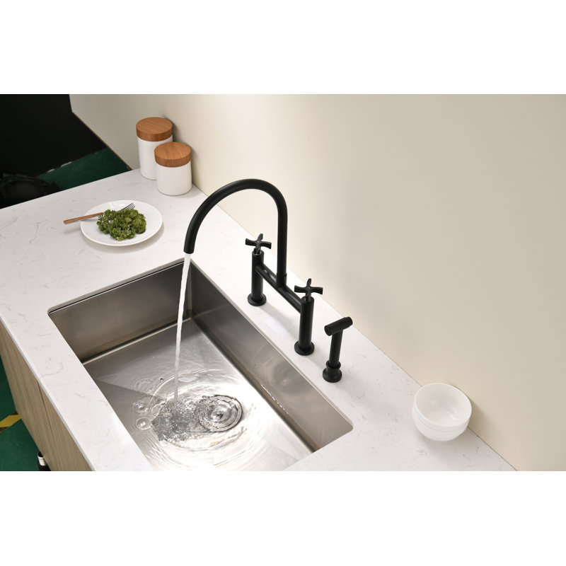 Robinet de lavabo de cuisine à 3 poignées à 3 trous avec douchette extractible, Noir mat