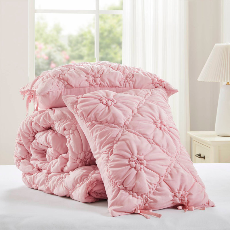 3PCS Comforter Set, King Comforter + 2 Pillow Shams, Pink