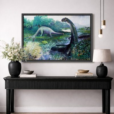 Vintage Dinosaur Landscape Artwork, Kids Room Pictures, Framed Canvas Giclee Print Wall Art.