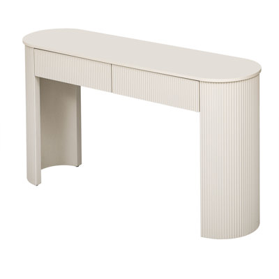 Entryway Table with Fluted Design, Modern Console Table with Storage, Oval Top and 2 Drawers for Entryway and Living Room (Champagne White)