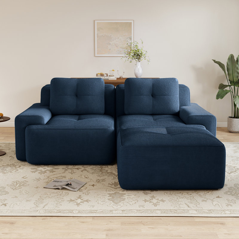 Canapé modulaire moderne en forme de L, tissu de velours côtelé à compression et sans assemblage, Bleu