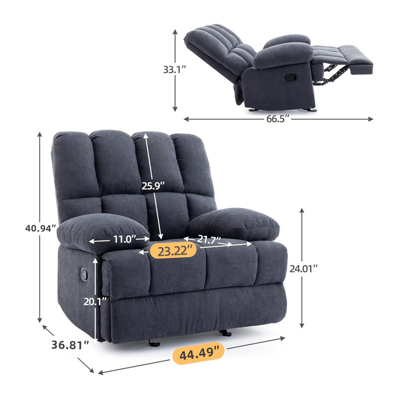 Oversized 44.5"W Upholstered Manual Rocking Recliner, Gray Chenille, 41.33" H x 44.48" W x 29.92" D