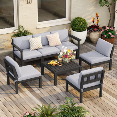 6 - Person Modular Patio Conversation Sets With Cushions, 7-Piece Outdoor All-Weather Waterproof HIPS Sofa Seating Group, Black