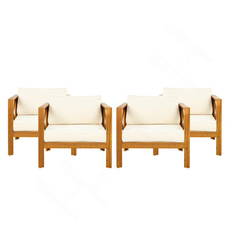 Fauteuil club d'extérieur en bois d'acacia avec coussins (ensemble de 4), ensemble de conversation, convient aux rassemblements extérieurs, finition teck, coussin beige
