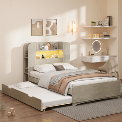 Balconera Platform Bed With Twin Size Trundle, LED Headboard With Storage & Power Outlets
