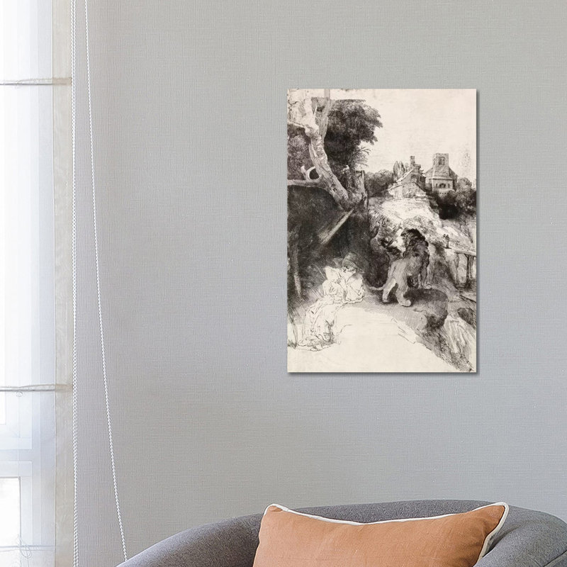 Saint Jerome Reading In An Italian Landscape by Rembrandt Van Rijn - Wrapped Canvas Painting