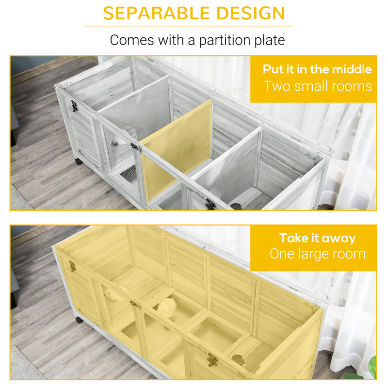 Cage pour petits animaux avec roulettes et toit ouvrable, conception mobile de portes en lapin gris en bois