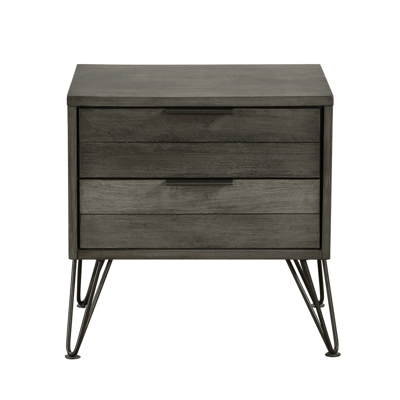 Contemporary Three-Tone Nightstand Perched Atop Metal Legs Acacia Veneer Modern Bedroom Furniture, Gray
