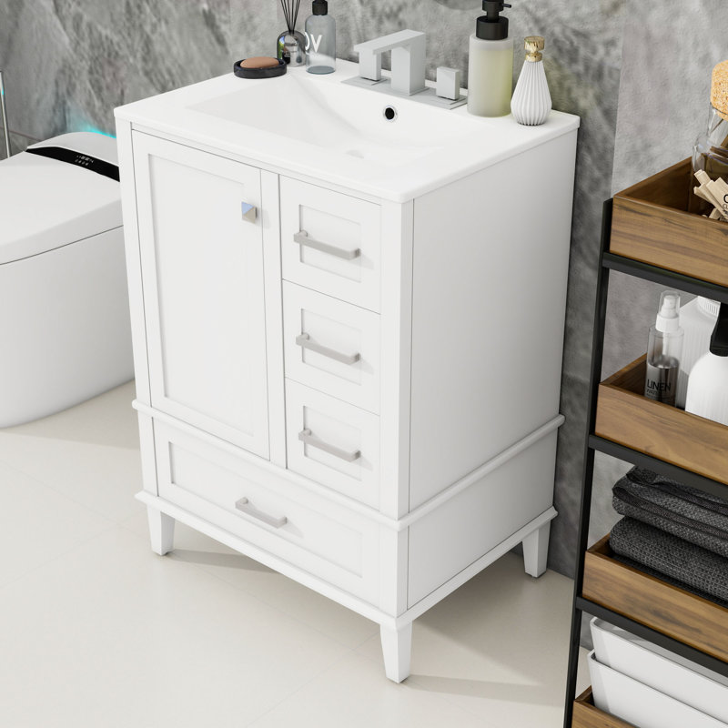 Meuble-lavabo en bois avec lavabo en céramique, 3 tiroirs et porte , Blanc