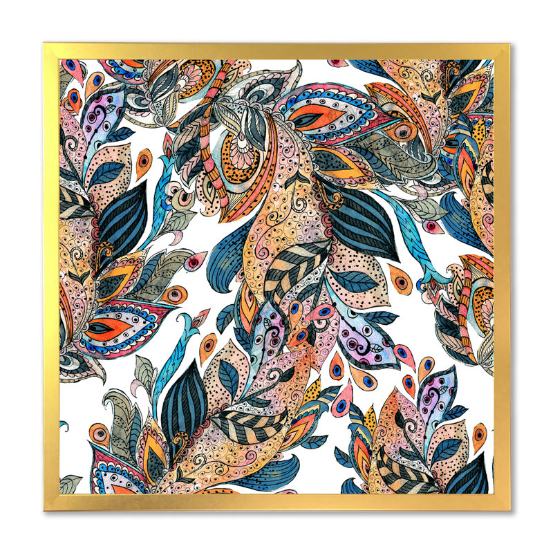 «Boho Lucious Floras In Orange And Green», impression sur toile, H 36 po x l 36 po, Cadre photo doré