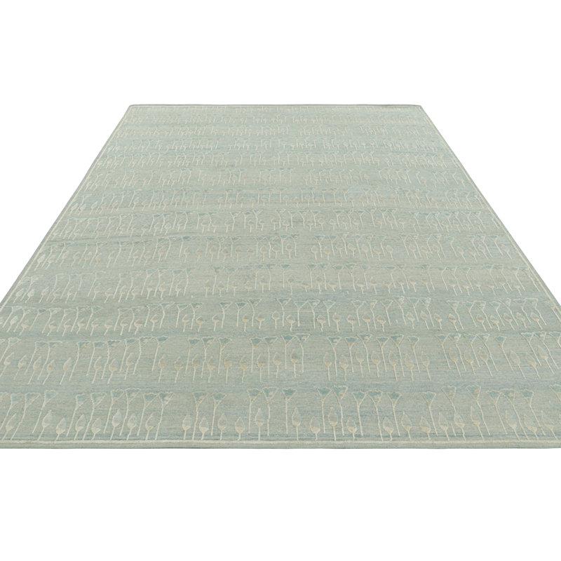 Rug & Kilim’S Block Print Custom Rug Design With Blue And Green Floral Patterns, Rectangle 10' x 14'