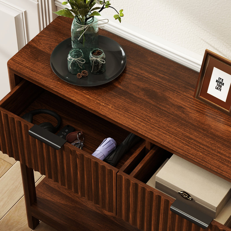 Console cannelée de style Mid-Century avec 2 tiroirs et tablette ouverte, table d'entrée étroite, table de canapé mince pour le couloir, salon, petits espaces, assemblage facile