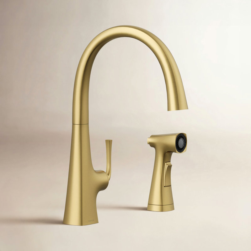 Graze Kitchen Sink Swing Spout Faucet With Sidespray, Vibrant Brushed Moderne Brass