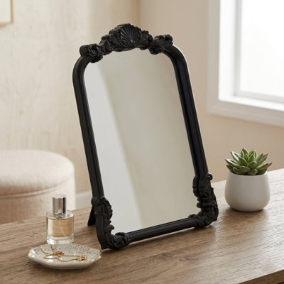 Briseis Wood Standing Adorned Table Mirror - Black