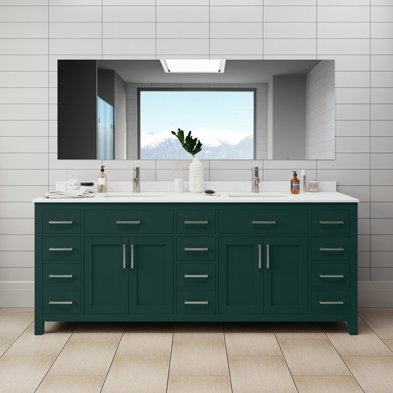 Beckett 84" Freestanding Double Bathroom Vanity with Cultured Marble Top, White Cultured Marble, Brushed Nickel, Green