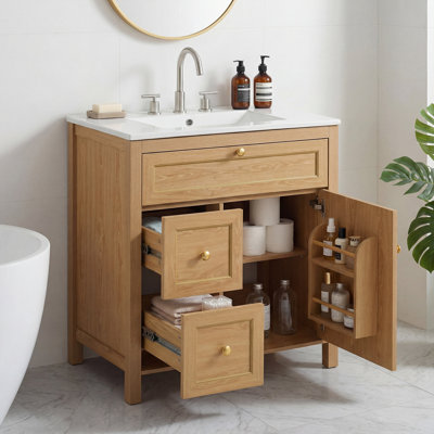 Meuble-lavabo de 30 po avec lavabo, meuble-lavabo autoportant en bois avec tiroir rabattable, 2 tiroirs à fermeture en douceur et 1 porte à fermeture en douceur, fabrication en bois massif et en panneau de fibres à densité moyenne, poignées décoratives dorées élégantes,