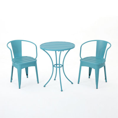 Powder Coated Iron Bistro - 3 Pc Kd Metal, Blue, 30" Table & 2 Chairs, Water- Outdoor Appeal, 18" Seat, 24.96"X24.96 Metal Iron, And Enchantment,