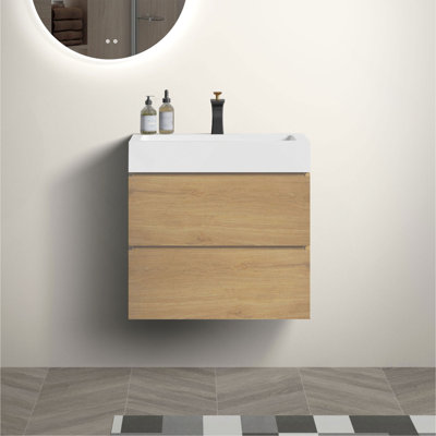 Meuble-lavabo élégant avec conception murale et lavabo intégré offrant beaucoup de rangement et un style contemporain.