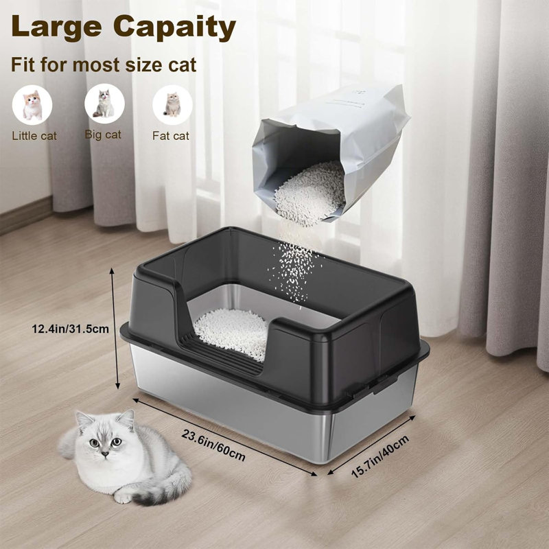 Stainless Steel Litter Box with Scoop, Black, 31.5cm H x 39.9cm W x 59.9cm D