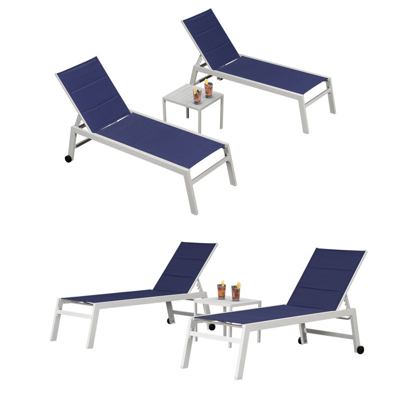 Chaise longue d'extérieur en métal avec table, Bleu marine