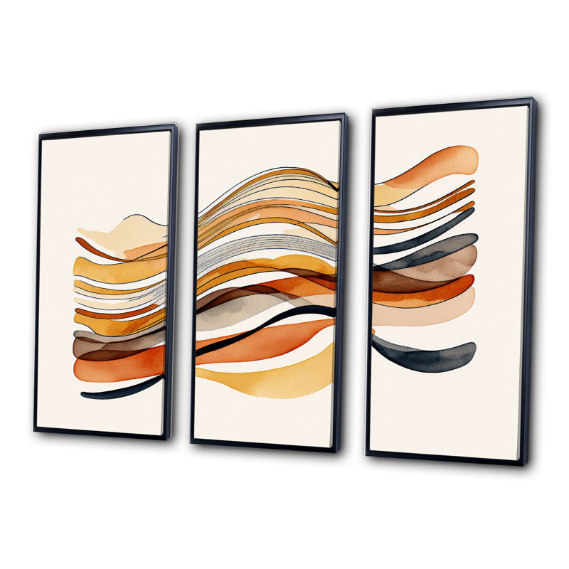 «Donnabel Burnt Orange Waves Abstract I», reproduction sur toile 3 pièces, Cadre noir, H 32 po x l 48 po x P 1 po
