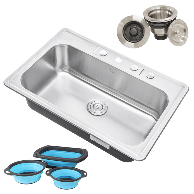 33'' L Single Bowl Stainless Steel Kitchen Sink, 4 Hole