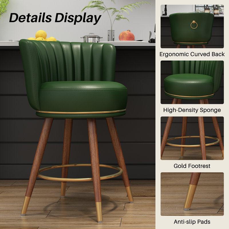 Green Leather Swivel Low Back Bar Stools with Wood Legs, Set of 4