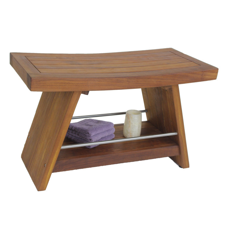 Patented 30" Asia Teak & Stainless Shower Bench with Shelf, 18" H x 30" W x 14" D