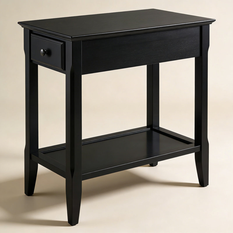Table d'appoint durable à finition noire Oris - Table d'appoint élégante en bois avec tablette ouverte et pieds fuselés, Noir