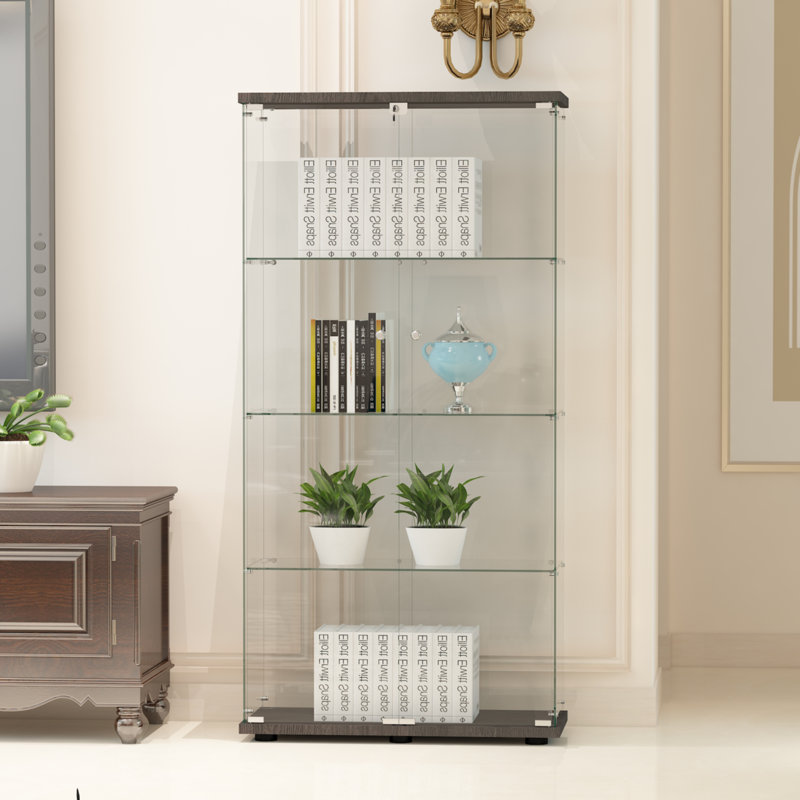 Margarit Glass Display Cabinet, 4 Shelf Case with Glass Door, 64" x 32" x 14", Black/Transparent