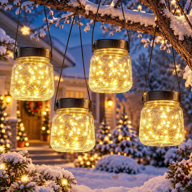 Lanternes solaires en verre craquelé, 40 DEL blanc chaud suspendues, étanches IP65, allumage automatique du crépuscule à l'aube, décorations de Noël extérieures pour jardin, terrasse et porche
