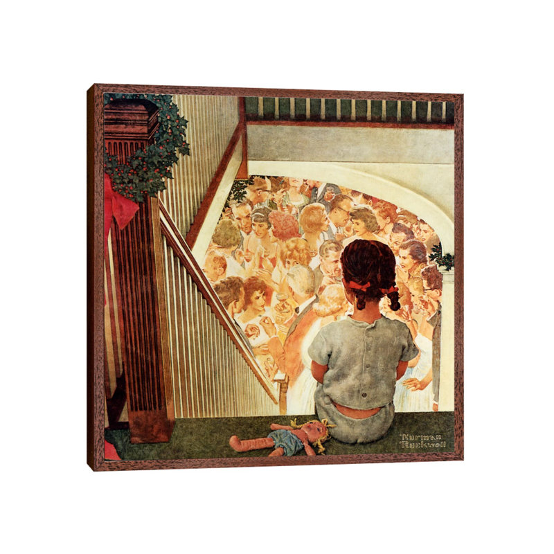Little Girl Looking Downstairs At Christmas Party by Norman Rockwell - Floater Frame Painting on Canvas, Brown