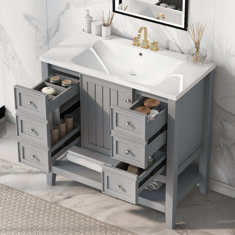 Meuble-lavabo 36 po avec lavabo, une armoire et trois tiroirs, panneau de bois massif et panneau de fibres à densité moyenne