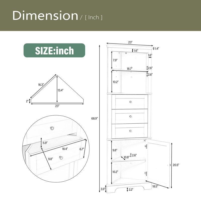 Armoire haute triangulaire avec 3 tiroirs et tablettes réglables pour la salle de bain, la cuisine ou le salon, panneau de fibres à densité moyenne