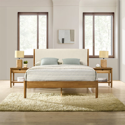 Vichy 3-Piece Corduroy Bedroom Set, Platform Bed With Two Nightstands, Queen